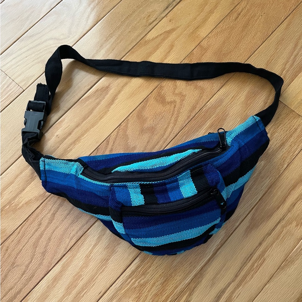 Fanny Pack 100% Cotton Boho Blue Stripes Guatemalan Fabric